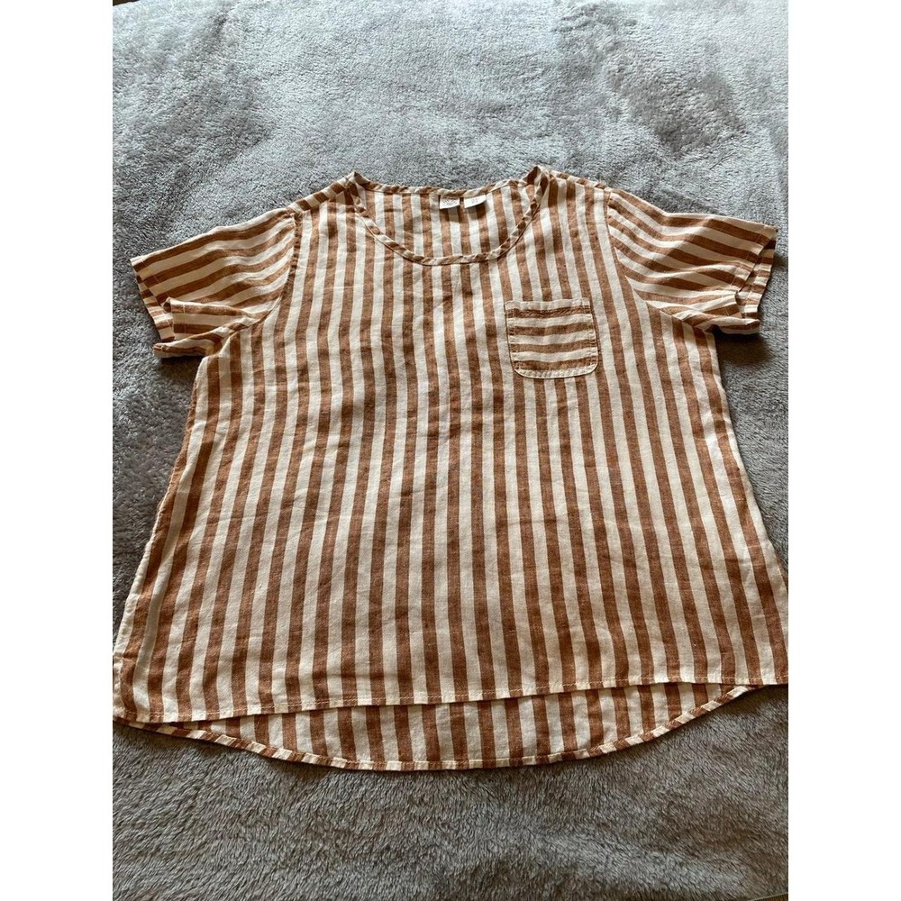 Artisan NY Short Sleeve Linen Shirt Tee Pocket Boho Striped Comfy Medium s63